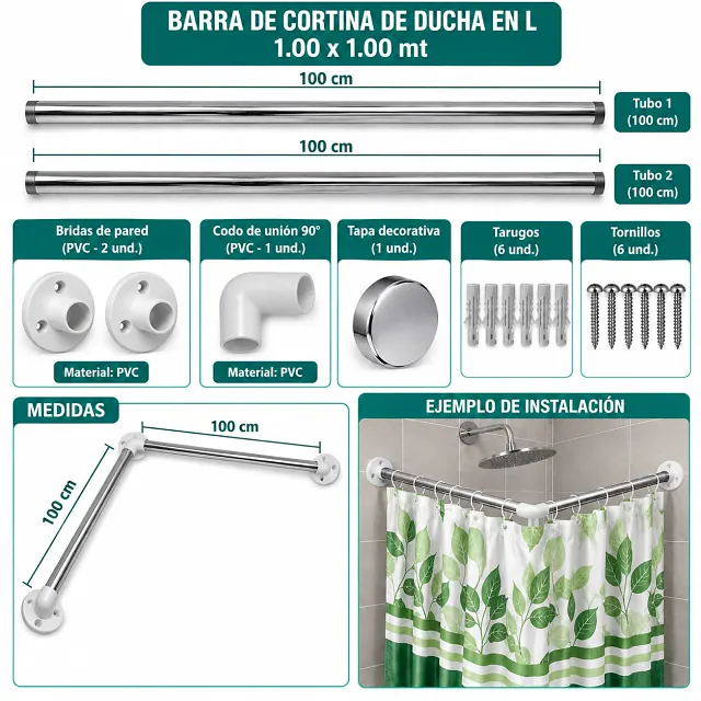 Barra de Cortina de Ducha en L - Acero (acc PVC) - 1 X 1 MT
