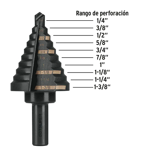 Broca Escalonada Óxido Negro 10 Escalones - 1/4" A 1 - 3/8"