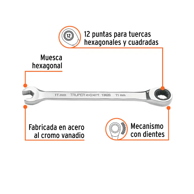 Llave Mixta con Ratchet 11MM X 160 MM Largo, Expert