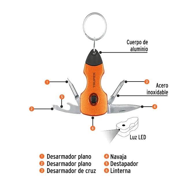 Multiherramienta con LED, tipo Llavero, 6 Funciones